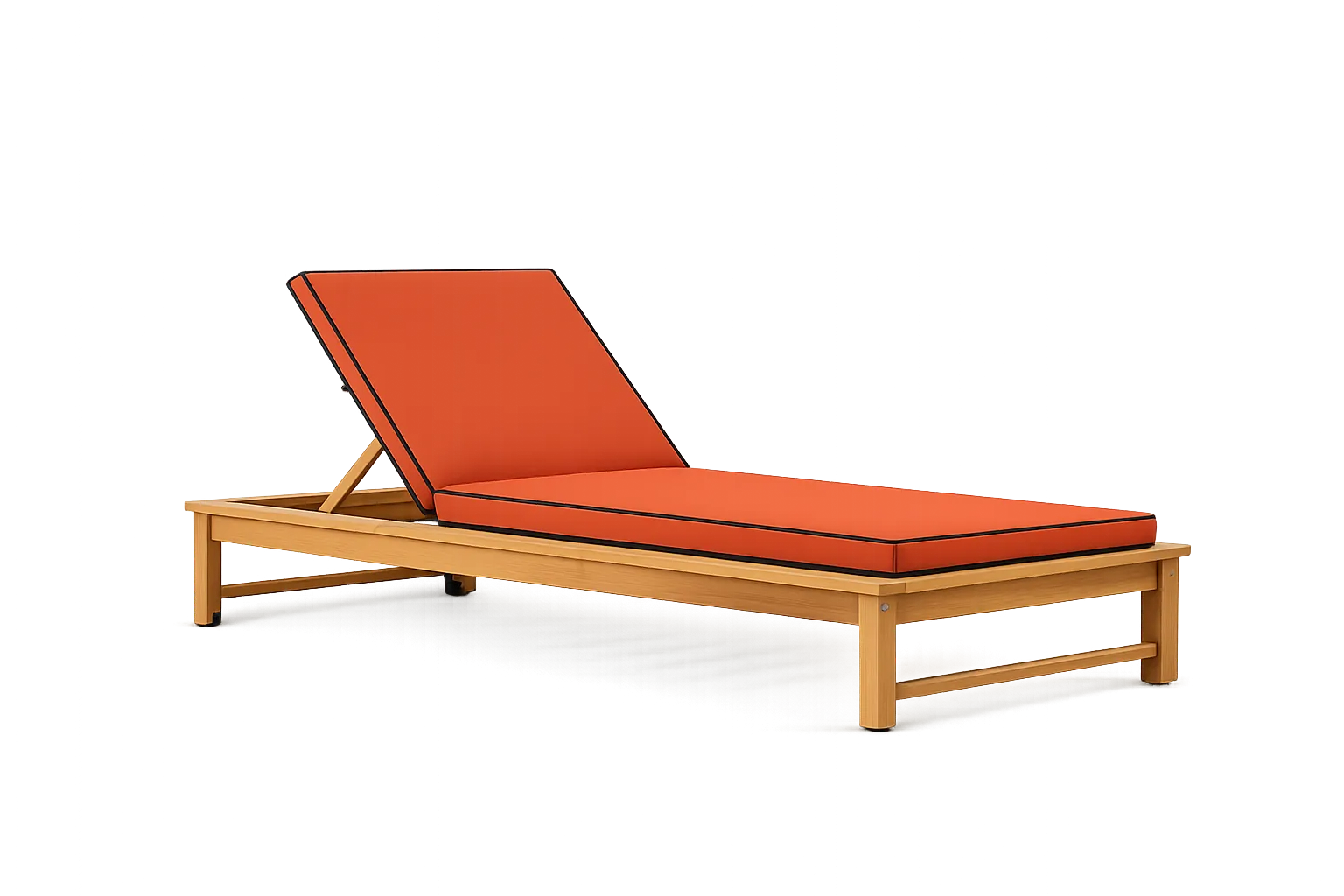 Bain de soleil en bois avec dossier relevé, équipé d’un coussin terracotta bordé de noir, sur fond transparent.