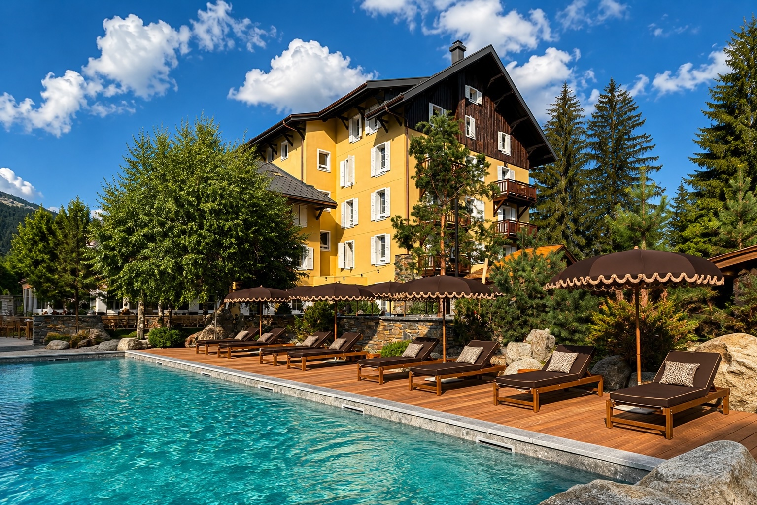 LODGE PARK 3a Bains de Soleil en Bois de Frêne avec parasol au Bord d'une Piscine d'hôtel